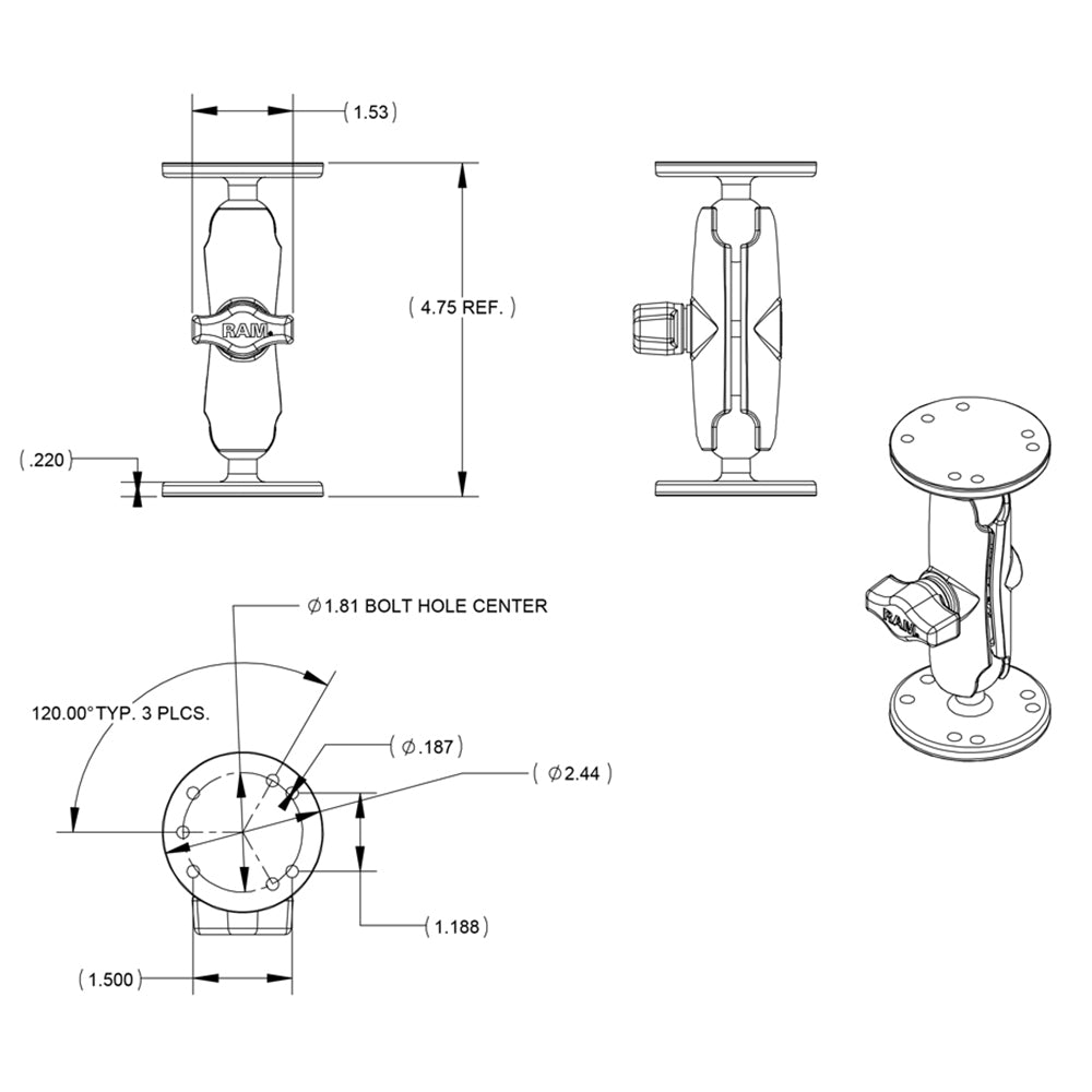 RAM Mount 1" Ball Double Socket Arm w/2 2.5" Round Bases - AMPS Hole Pattern