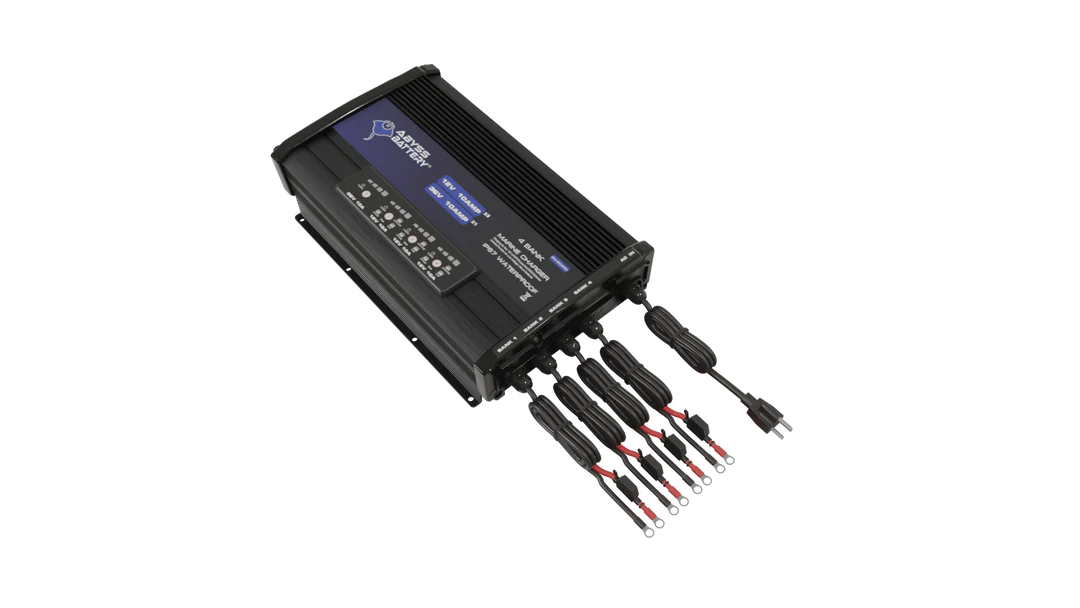 A 4 bank lithium battery charger with a digital display and multiple charging ports.