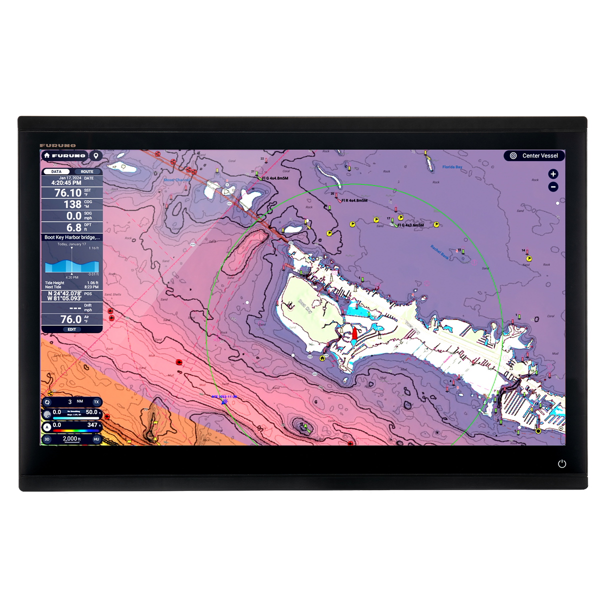 A 24 inch NavNet TZTouch XL multi-function display for marine navigation, showing a colorful marine chart on the screen.