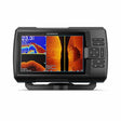 A Garmin STRIKER Vivid 7sv fishfinder with a color display showing sonar images, side buttons for navigation, and branding on the front.