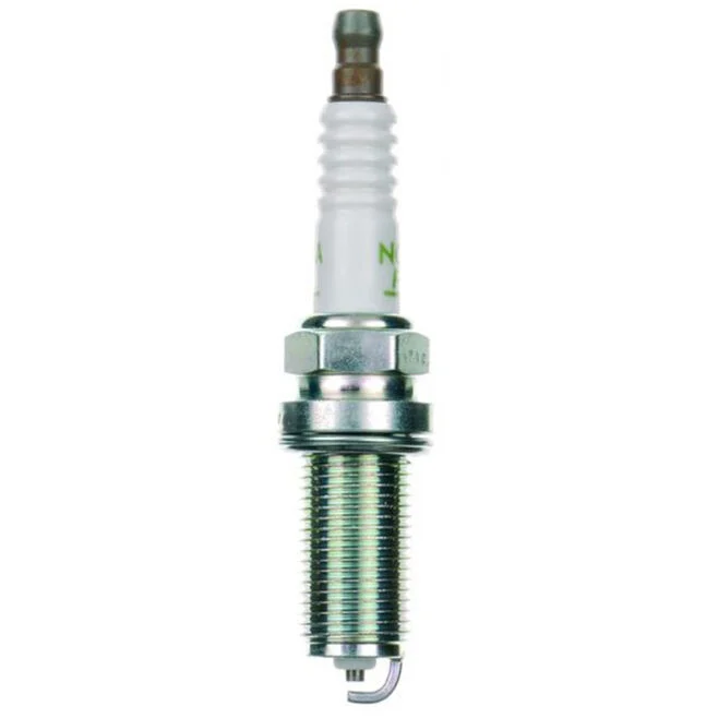An image of a white NGK spark plug with a metallic thread and insulator.