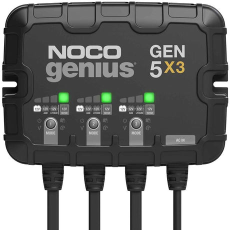 A black NOCO GEN5 x3 battery charger with three charging banks and various indicator lights visible on the front panel.