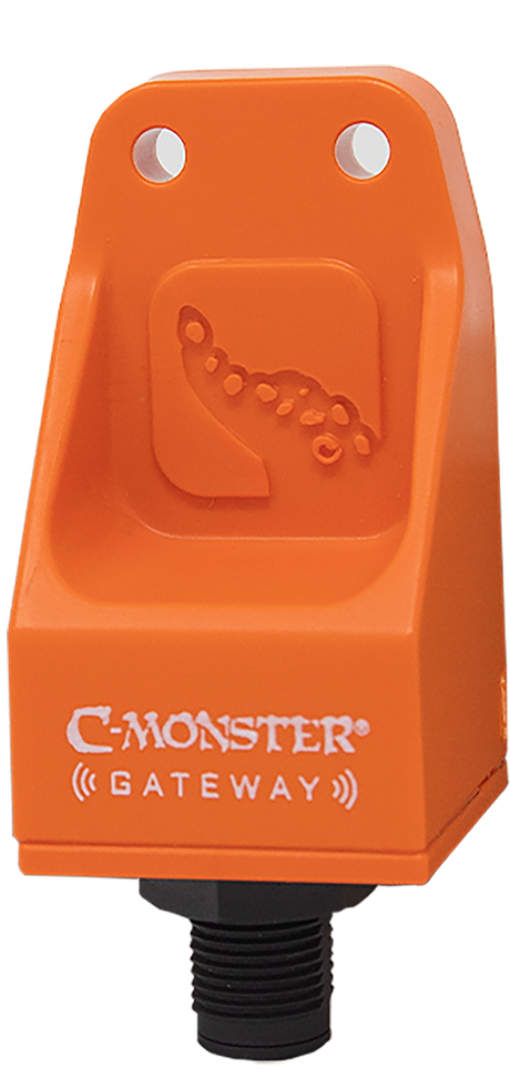An orange C-Monster Gateway device designed for connecting and controlling boat accessories.