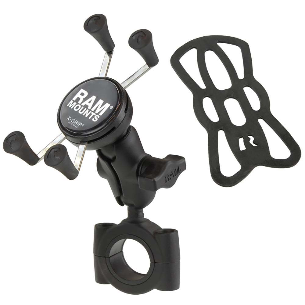 RAM Mount RAM® Torque™ 1 1/8" - 1 1/2" Diameter Handlebar/Rail Base with B Size 1" Ball, Short Arm and X-Grip® for Phones
