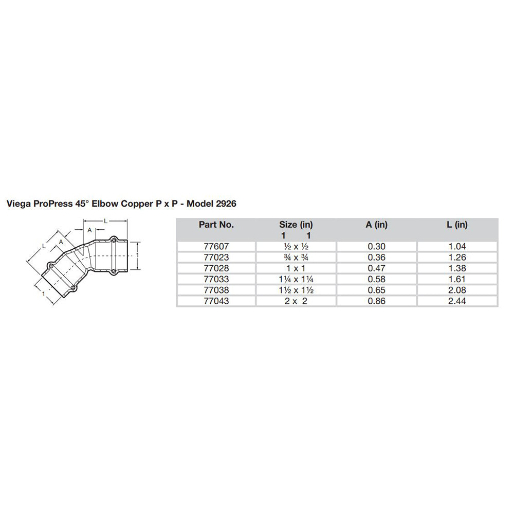 Viega ProPress 1/2" - 45° Copper Elbow - Double Press Connection - Smart Connect Technology