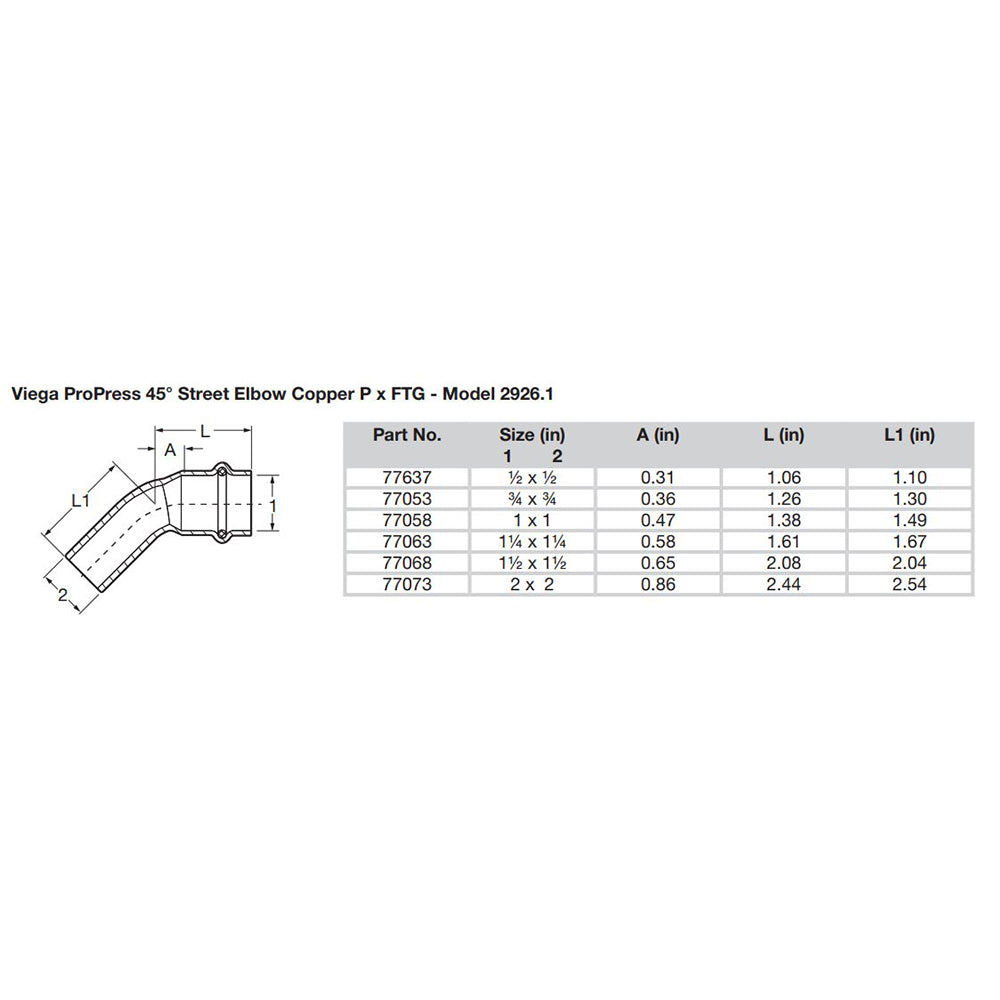 Viega ProPress 1/2" - 45° Copper Elbow - Street/Press Connection