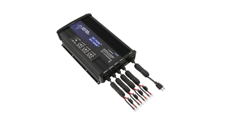 A 4 bank lithium battery charger with a digital display and multiple charging ports.
