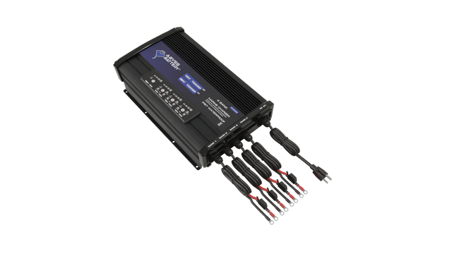 A 4 bank lithium battery charger with a digital display and multiple charging ports.