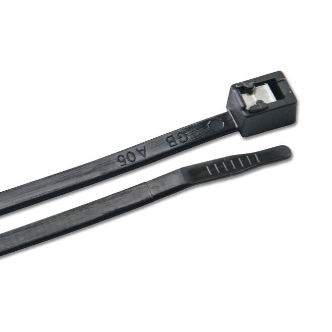 A pair of black self-cutting zip ties with stainless steel cutters.