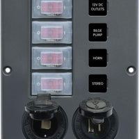 Water-Resistant Breaker Switch Panel - 4 Circuit + 12v Socket/Dual USB