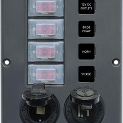 Water-Resistant Breaker Switch Panel - 4 Circuit + 12v Socket/Dual USB