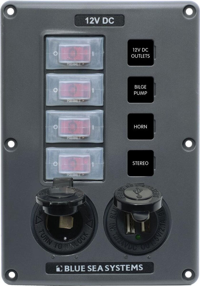 Water-Resistant Breaker Switch Panel - 4 Circuit + 12v Socket/Dual USB