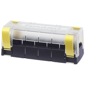 A clear plastic cover with yellow and black accents, designed as an insulating cover for MaxiBus busbars.