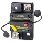 A black surface mount thermal circuit breaker with a red switch lever and a yellow wire terminal. It has text indicating the model number, amperage rating, and a warning that it is ignition protected and water resistant.