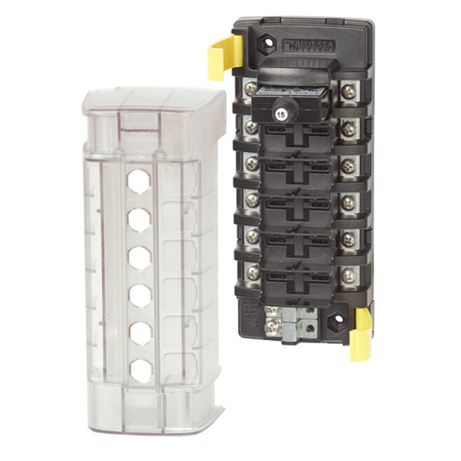 A 6-circuit independent breaker block with a black cover and a push button resettable breaker visible in the middle. The product is designed for electrical circuit protection.