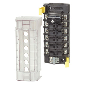 A 6-circuit independent breaker block with a black cover and a push button resettable breaker visible in the middle. The product is designed for electrical circuit protection.