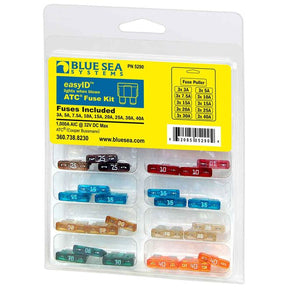 Packaging of Blue Sea Systems EasyID ATC Fuse Kit with various colored fuses visible through clear plastic windows.
