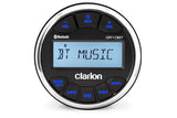 A Clarion GR10BT marine audio source unit with a black faceplate, blue buttons, and an LCD display showing the text 'BT MUSIC'.