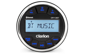 A Clarion GR10BT marine audio source unit with a black faceplate, blue buttons, and an LCD display showing the text 'BT MUSIC'.