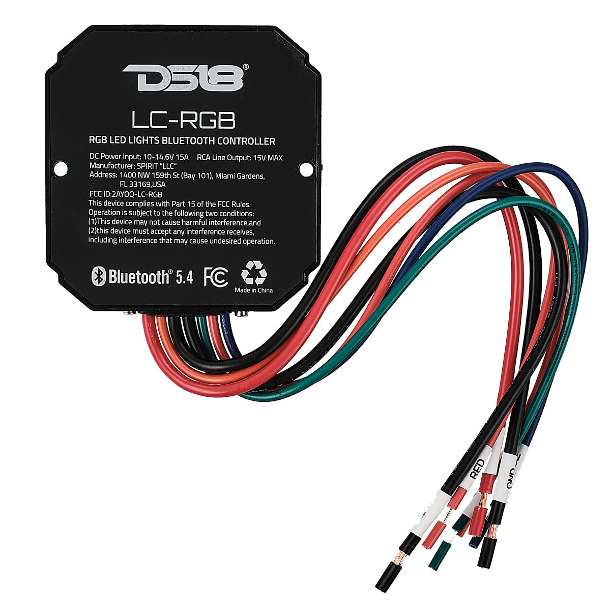 DS18 LC-RGB RGB LED lights Bluetooth controller with wiring on a white background