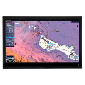 A 24 inch NavNet TZTouch XL multi-function display for marine navigation, showing a colorful marine chart on the screen.