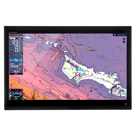 A 24 inch NavNet TZTouch XL multi-function display for marine navigation, showing a colorful marine chart on the screen.