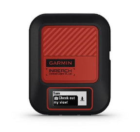 A Garmin InReach Messenger Plus Satellite Communicator device with a red front panel and black casing. It displays a message encouraging users to check out their view.