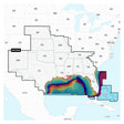 A map indicating the coverage area of the Navionics Vision+ Chart Card, showing high-resolution shading over certain regions.