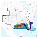 A map indicating the coverage area of the Navionics Vision+ Chart Card, showing high-resolution shading over certain regions.