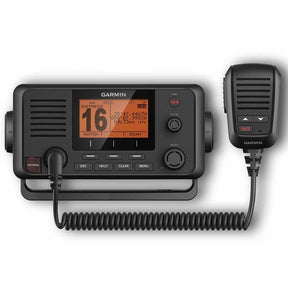 A Garmin VHF 215 fixed mount radio with a black color scheme, display, and a coiled cable.