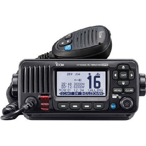 A black ICOM M424 VHF Radio with a digital display and a handheld microphone attached via a coiled cable.