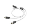White audio cable with RCA connectors on a white background