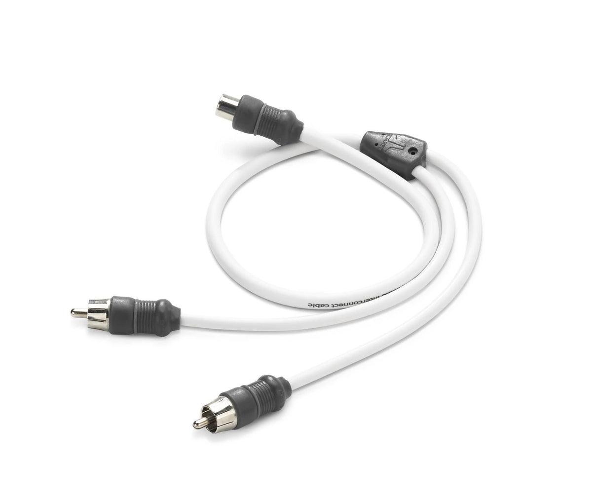 White audio cable with RCA connectors on a white background