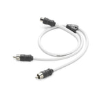 White audio cable with RCA connectors on a white background