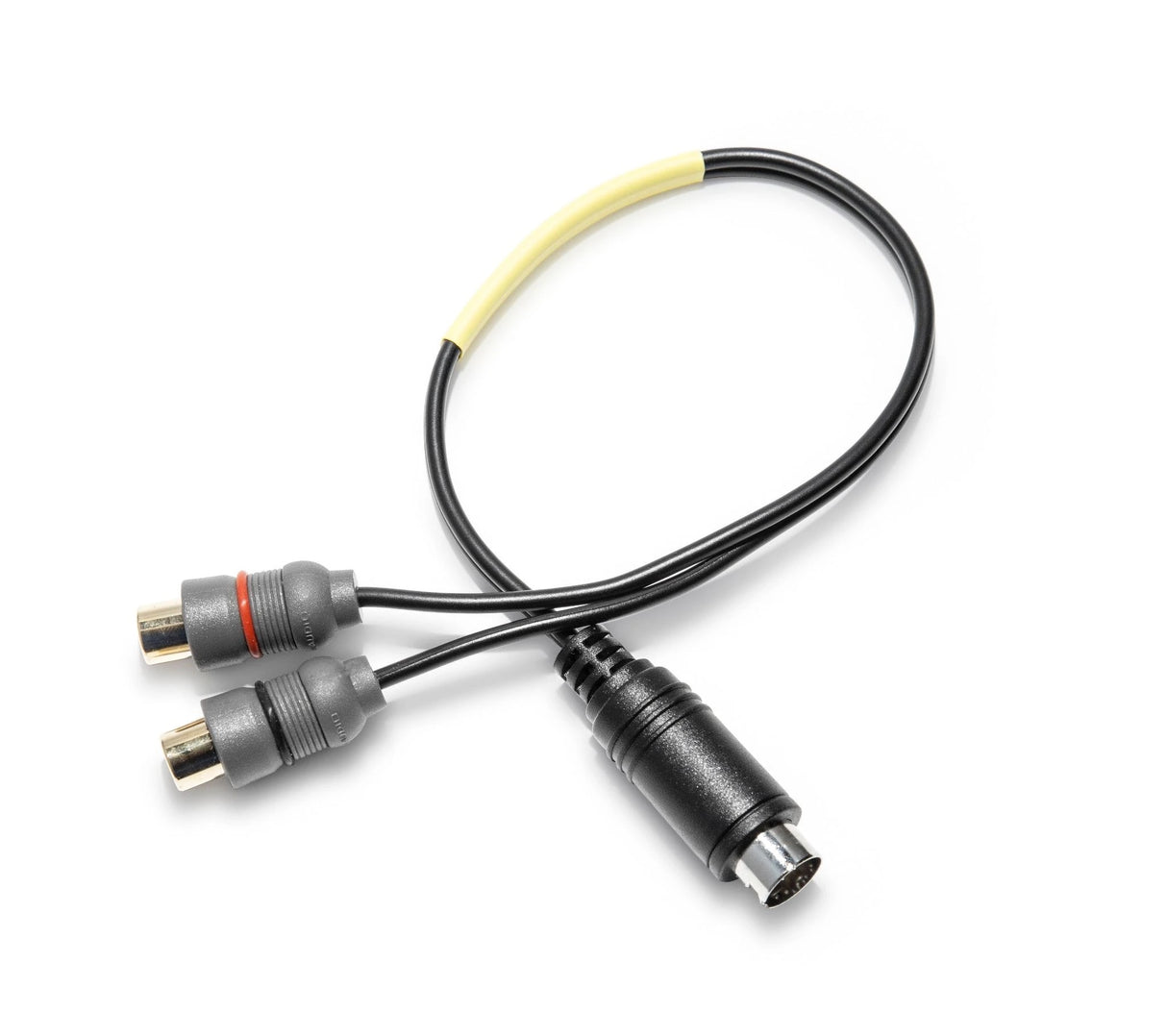 An adaptor cable with one end featuring a SiriusXM connector and the other end a pair of RCA connectors