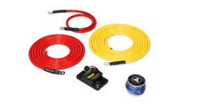 An installation kit for an amplifier, featuring red and yellow wires, a black circuit breaker, and mounting hardware.
