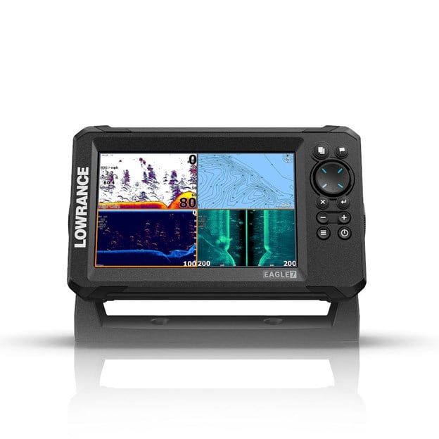An Eagle 7 inch chartplotter with a TripleShot HD Transducer, displaying sonar images on its screen.