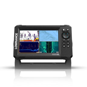 An Eagle 7 inch chartplotter with a TripleShot HD Transducer, displaying sonar images on its screen.