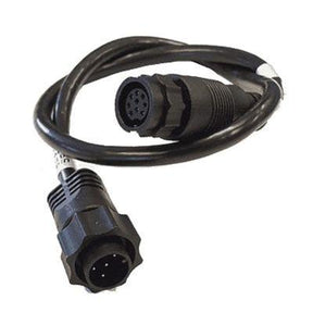 A black adaptor cable with one 9pin transducer connector and one 7pin sounder connector.