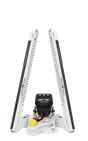 A Power-Pole Blade Series ONE Pump Dual 8' Shallow Water Anchor, featuring a hydraulic pump system on a white and black frame with yellow accents.
