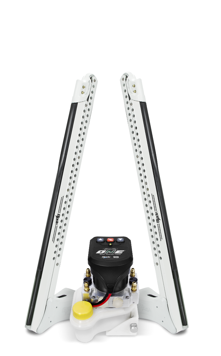 A Power-Pole Blade Series ONE Pump Dual 8' Shallow Water Anchor, featuring a hydraulic pump system on a white and black frame with yellow accents.