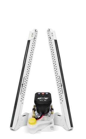 A Power-Pole Blade Series ONE Pump Dual 8' Shallow Water Anchor, featuring a hydraulic pump system on a white and black frame with yellow accents.
