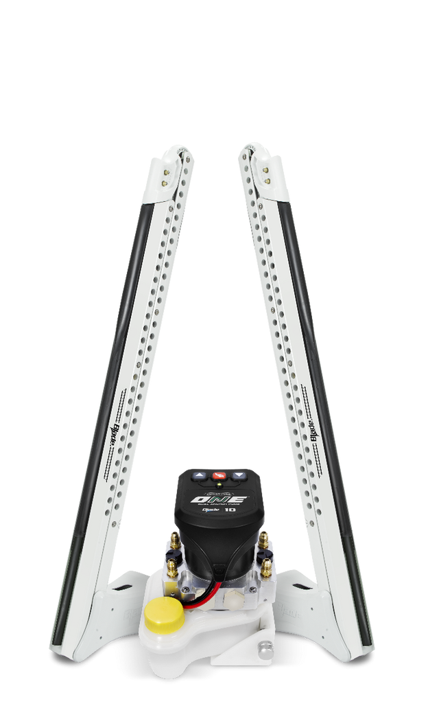A Power-Pole Blade Series ONE Pump Dual 8' Shallow Water Anchor, featuring a hydraulic pump system on a white and black frame with yellow accents.