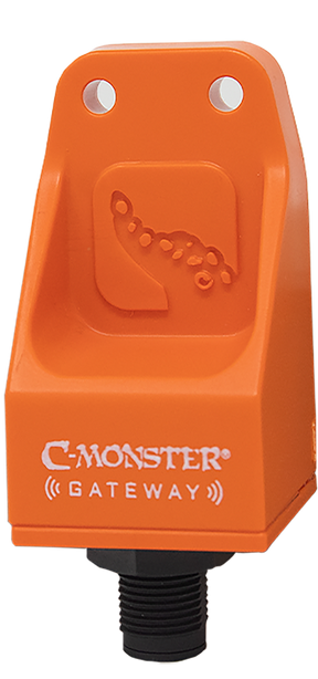 An orange C-Monster Gateway device designed for connecting and controlling boat accessories.