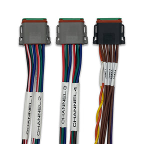 Three wiring harnesses with labeled channels on a white background