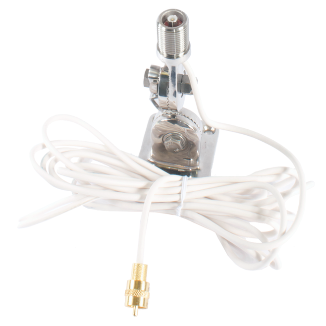 A stainless steel Quick Connect antenna mount with a cable attached to it.