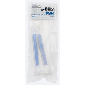 Two West System Six10 disposable static mixers packaged in a clear plastic bag with a label showing product details.